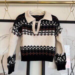 Marled Black and Cream Thick Knit V-Neck Sweater, Size S